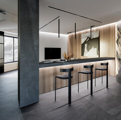 Stylish modern kitchen with an island, industrial elements, and open shelving. Perfect for contemporary kitchen designs and home renovations.