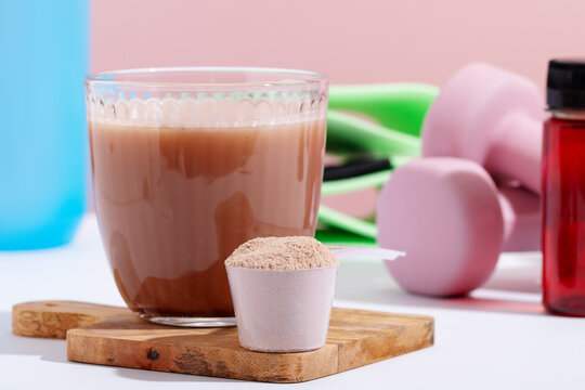 Protein drink and powder with workout equipment