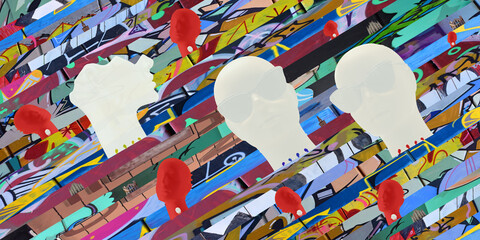 DREAM N°106 – Three Faces – Surreal white and red heads on a multicolored graffiti background