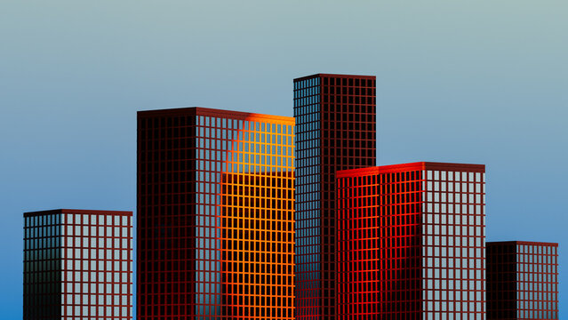 Sunset view of urban skyline with silhouetted buildings