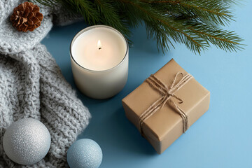 Cozy winter scene featuring a lit candle, a wrapped gift box, pine branches and knitted plaid on light blue background. Top view