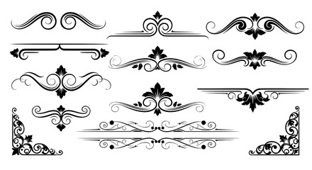Fototapeta premium Collection of elegant vintage calligraphic ornaments with floral motifs. Decorative page dividers, scrollwork, and corner elements for classic design.