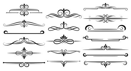 Set of elegant vintage calligraphic swirls, ornamental dividers, and decorative borders. Classic vector elements for page decoration, isolated on white.