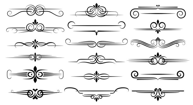 Set of elegant classic calligraphic ornaments and decorative borders. Vintage vector swirls and filigree for page dividers isolated on a white background.