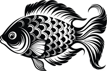 Elegant stylized fish swims toward the left with elaborate details shown
