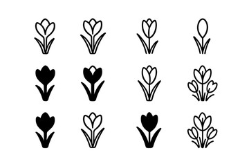 Collection of simple flower designs featuring tulips and blossoms arranged in rows on a white background