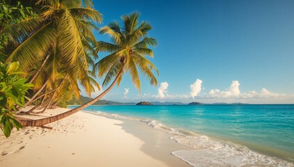 Obraz premium Azure Coast with Palms and Gentle Surf, Soft Shadows on the Fine Sand.