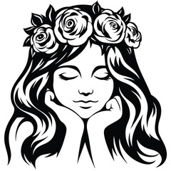 Elegant woman adorned with rose crown rests chin pensively in a monochromatic image