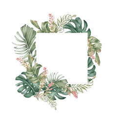 Botanical watercolor frame of lush tropical plants isolated on white. Monstera and palm leaves drawing in soft green colors square border. Greenery frame for Hawaii wedding cards, menu beach style.