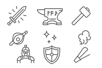 Legendary Forge Icons. Line style icons of Legendary Forge: Glowing Sword, Rune-Engraved Anvil, Hammer, Bellows, Fire Sparks,