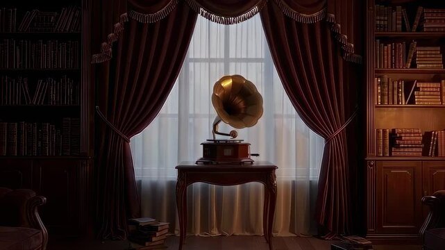 This enchanting video features a vintage gramophone positioned beside a grand window, framed by elegant curtains. The warm light spills into the room, illuminating shelves filled with books. This sere