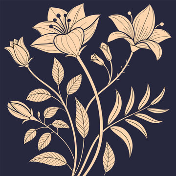 Elegant beige floral illustration with blooming lilies and leaves against a dark navy blue decorative botanical design floral background with flowers