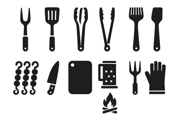 Barbecue Tools Icons. Solid style icons of Barbecue tools: grill fork, spatula, tongs, basting brush, skewers, knife, cutting
