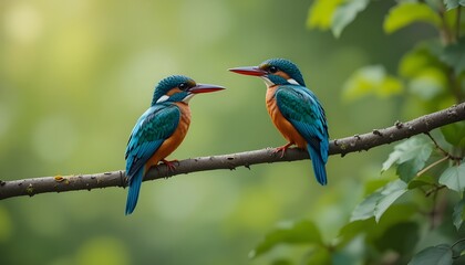 two colourfull kingfisher birds sit on the branch of a green tree looking so elegant