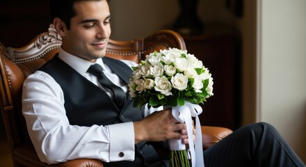 Groom holding a beautiful bouquet of white roses in elegant setting during wedding preparation