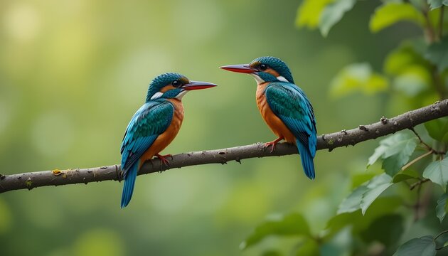 two colourfull kingfisher birds sit on the branch of a green tree looking so elegant