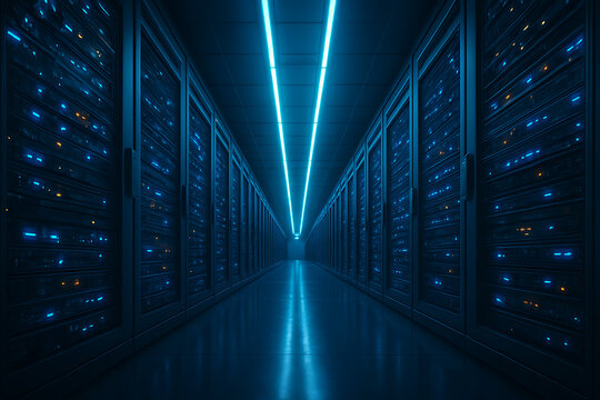 Symmetrical, dark server room corridor with endless rows of data racks illuminated by a bright, V-shaped blue neon light on the ceiling, emphasizing depth and speed