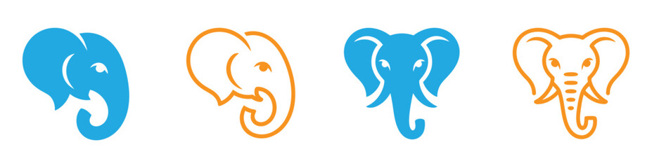 Vibrant blue and orange elephant head icons offer a modern, stylized representation of these majestic animals, perfect for branding and design projects.