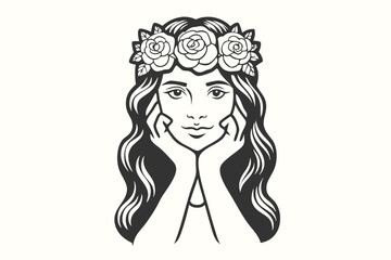 Elegant woman with wavy hair and rose crown gazes gently, propping her chin