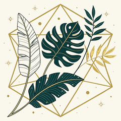 Elegant botanical illustration featuring various tropical leaves and geometric shapes with a celestial sparkle and golden accents on a cream background vector illustration of a leaf