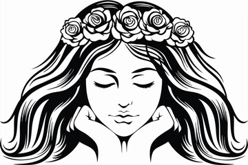 Elegant woman with rose crown rests her chin on her hands peacefully, in black and white
