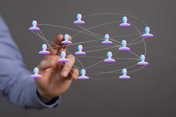 Abstract network of connected people icons illustrating digital concepts of communication, networking, community, and global connection. Ideal f