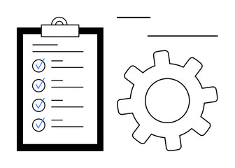 Clipboard with checklist and gear conveys organization, structure, project planning, task management. Ideal for workflow, productivity, operations, progress strategy planning business. Simple flat