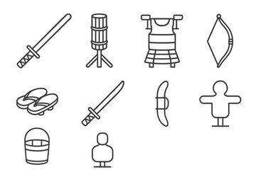 Samurai Training Icons. Line style icons of Samurai Training: Wooden Sword, Bamboo Target, Armor Stand, Sandals, Katana, Bow,