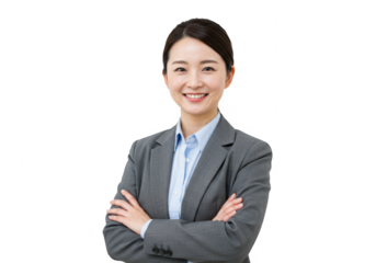 Smiling asian businesswoman in a grey suit isolated on transparent background