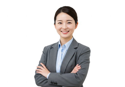 Smiling asian businesswoman in a grey suit isolated on transparent background