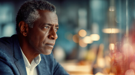 Black senior businessman deep in thought at the office, reflective and thoughtful mood. Dark blurred background. Concept image of business.