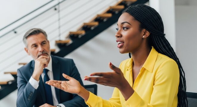 Business meeting discussing ideas with a professional woman speaking and a man listening attentively in a modern office setting