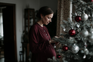 Pregnant Caucasian woman in a burgundy dress decorates Christmas tree with red and silver ornaments in cozy living room at home