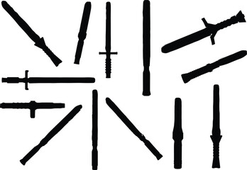 Silhouette collection of futuristic laser swords, sci-fi lightsabers, black weapon design vector illustration
