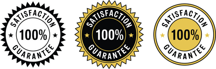 100% Satisfaction Guarantee Seal in Gold, Black, and Yellow for Customer Trust, Money-Back Assurance, and Product Quality Badge Design