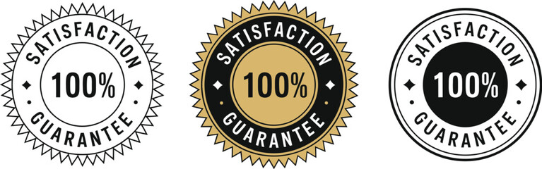 100% Satisfaction Guarantee Seal in Gold, Black, and Yellow for Customer Trust, Money-Back Assurance, and Product Quality Badge Design