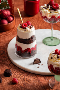 Festive brownie trifle with cream and raspberries