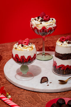 Christmas brownie trifle with raspberries and cream