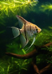 A beautiful, mature angelfish gracefully swimming among lush aquatic plants in a clear freshwater aquarium setting ,bubble ,nature ,tank