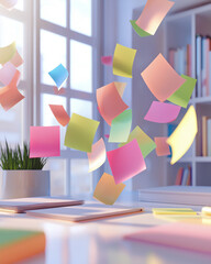 Floating Colorful Sticky Notes and Reminder Papers Suspended in Mid-Air on White Background - Organization and Time Management Concept