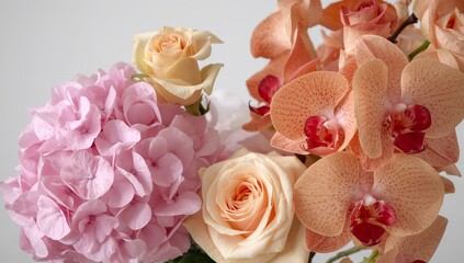 Floral Arrangement of Pastel Hues. Hydrangea, Roses and Orchids, A Delicate Blend.