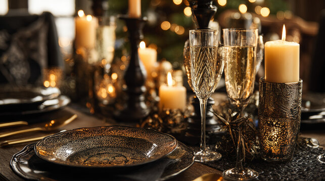 Black and gold Christmas table setup with candles and champagne glasses. 