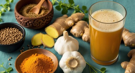 Ginger and garlic with spices and drink on a teal backdrop highlighting healthy cooking