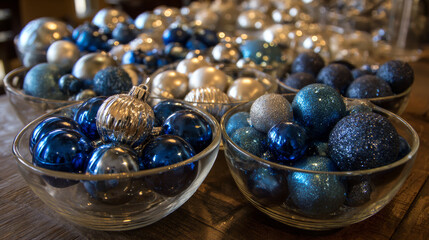 Blue and silver ornaments arranged in glass bowls.