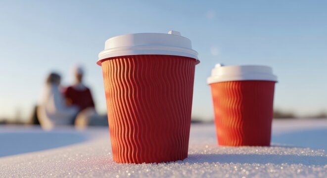 Two red cups sit on snow with people enjoying winter day in the background during sunset