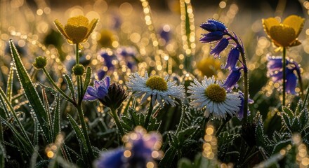 Dew kissed wildflowers at sunrise creating a magical spring meadow scene