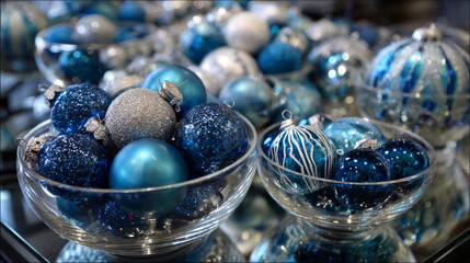 Blue and silver ornaments arranged in glass bowls.