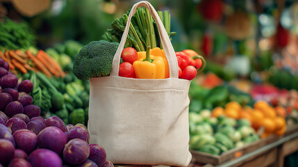Reusable shopping tote filled with produce
