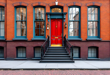A red door with black railings and steps leads to a brick building facade with six tall blue windows above basement windows and a sidewalk and brick street in front