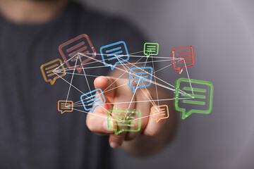 Person interacting with digital messaging cloud, concept of communication, global network, connection, innovation, and social media